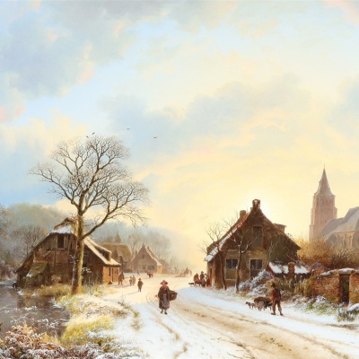 Gesigneerd en gedateerd 1837, winterlandschap met kerkje, geïnspireerd op de dorpskerk te Aerdt, olieverfschilderij op doek, marouflage -herkomst Simonis & Buunk Ede-