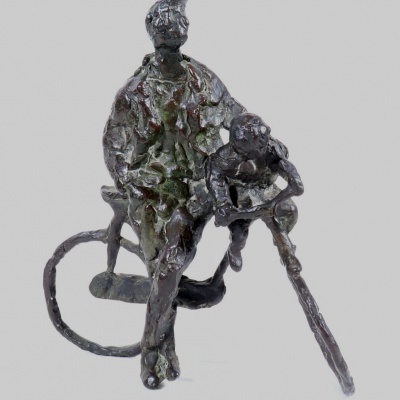 Vervaardigd door, fietser met kind, bronzen sculptuur